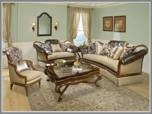 ruang tamu klasik dengan perpaduan warna hijau