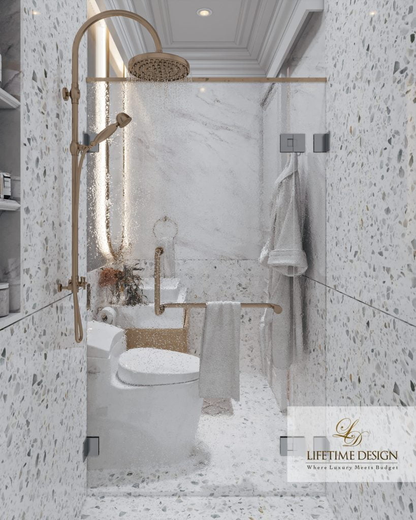 Desain kamar mandi mewah dengan dinding marmer